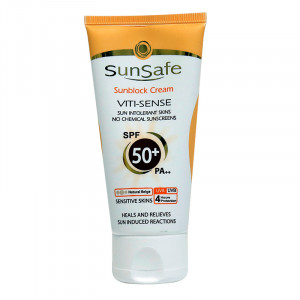کرم ضد آفتاب فاقد جاذب های شیمیایی رنگ بژ طبیعی SPF50 پوست حساس سان سیف ۵۰ میلی لیتر