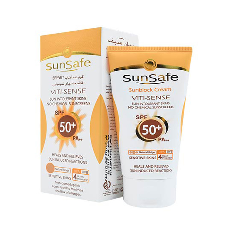 کرم ضد آفتاب فاقد جاذب های شیمیایی رنگ بژ طبیعی SPF50 پوست حساس سان سیف ۵۰ میلی لیتر